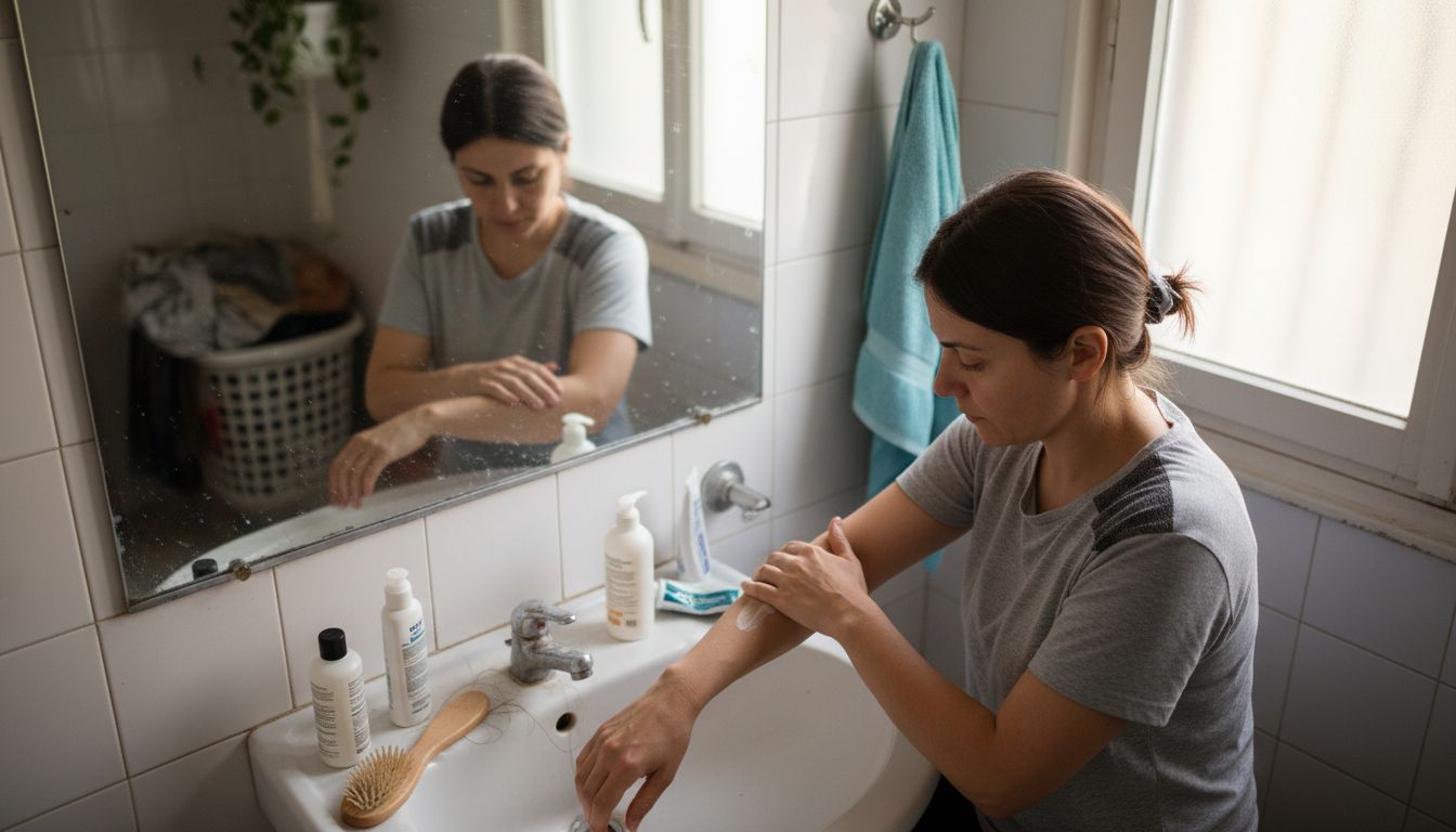 Woman applying moisturizer in home bathroom