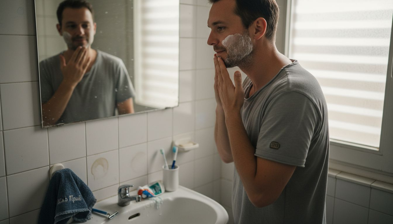 Άνδρας φροντίζει το δέρμα του στο μπάνιο του σπιτιού του