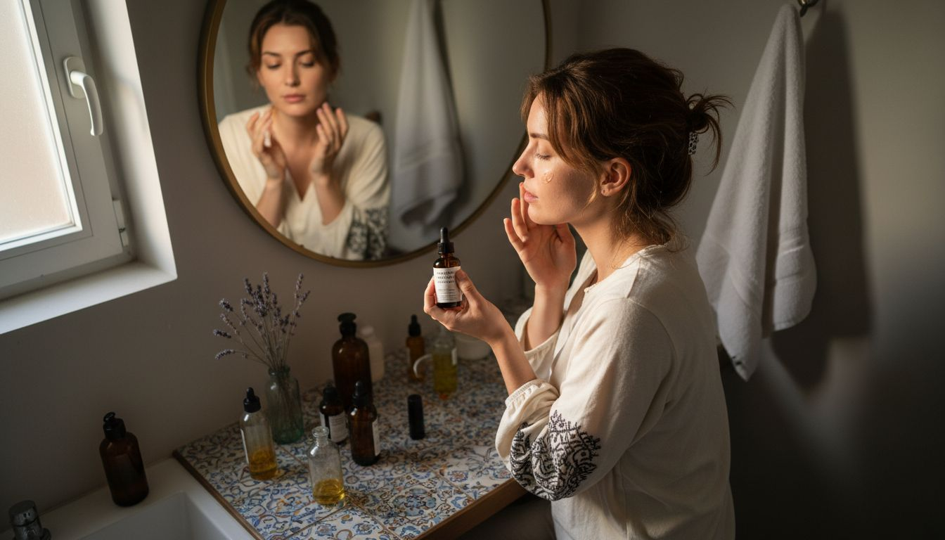 Μια γυναίκα απλώνει στο πρόσωπό της φυσικό έλαιο για περιποίηση της επιδερμίδας.