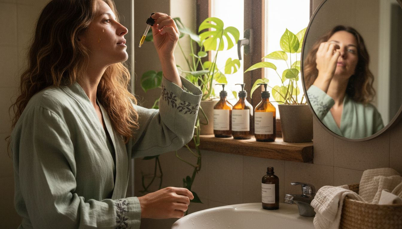 Μια γυναίκα απολαμβάνει τη φροντίδα της επιδερμίδας της με φυσικό έλαιο στο μπάνιο του σπιτιού της.