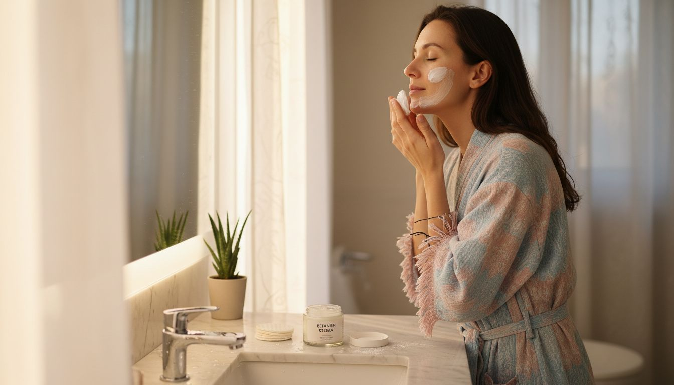 Μια γυναίκα απλώνει φυτική κρέμα στο πρόσωπό της μπροστά στον νιπτήρα του μπάνιου.