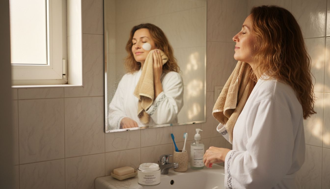 Μια γυναίκα περιποιείται το πρόσωπό της στο μπάνιο του σπιτιού της, ακολουθώντας τη ρουτίνα ομορφιάς της με αγαπημένα καλλυντικά.