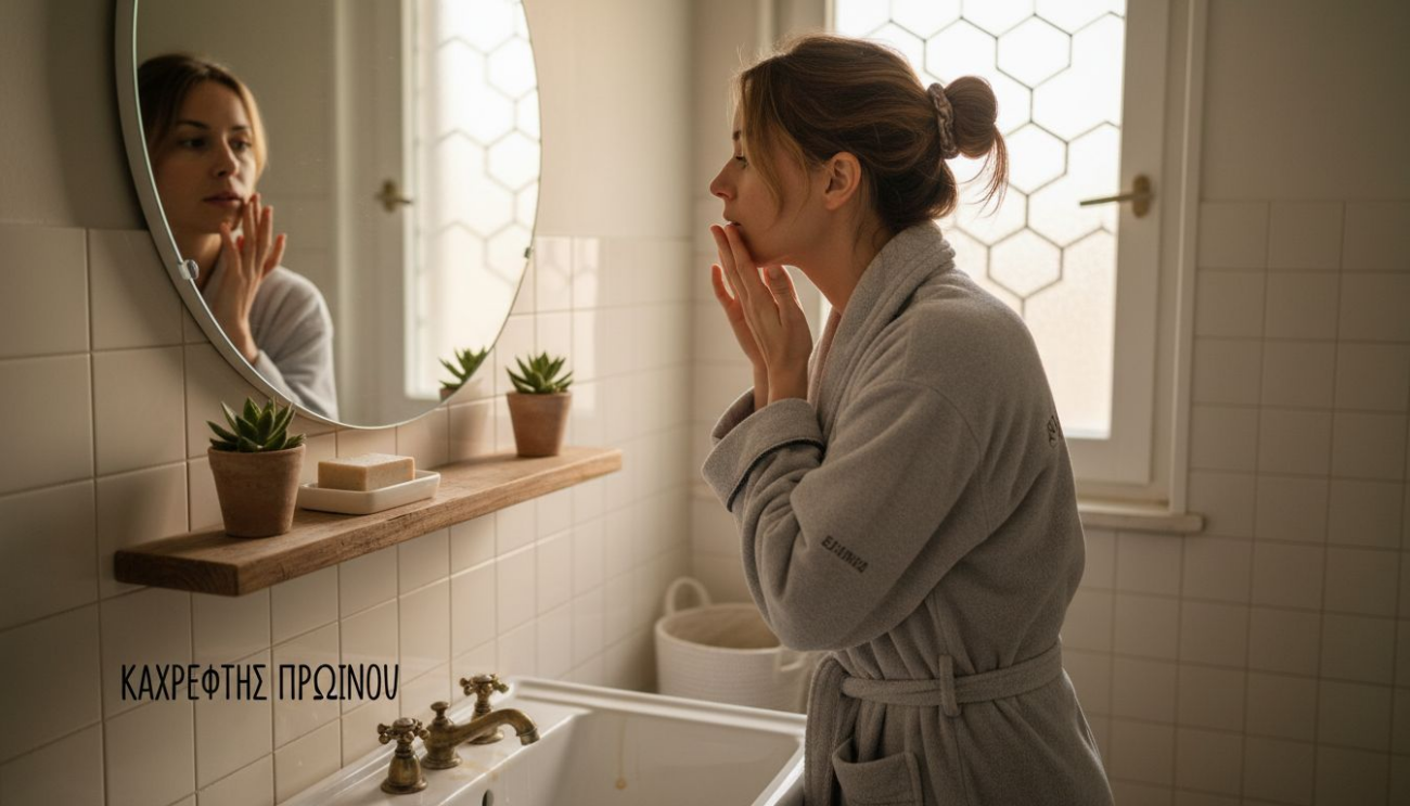 Μια γυναίκα κοιτάζει τον εαυτό της στον καθρέφτη του μπάνιου, παρατηρώντας το υγιές και λαμπερό δέρμα της.