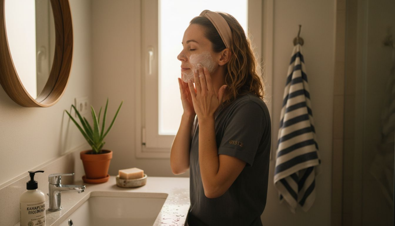 Μια γυναίκα καθαρίζει το πρόσωπό της με απολεπιστικό προϊόν μπροστά στον νιπτήρα του μπάνιου.