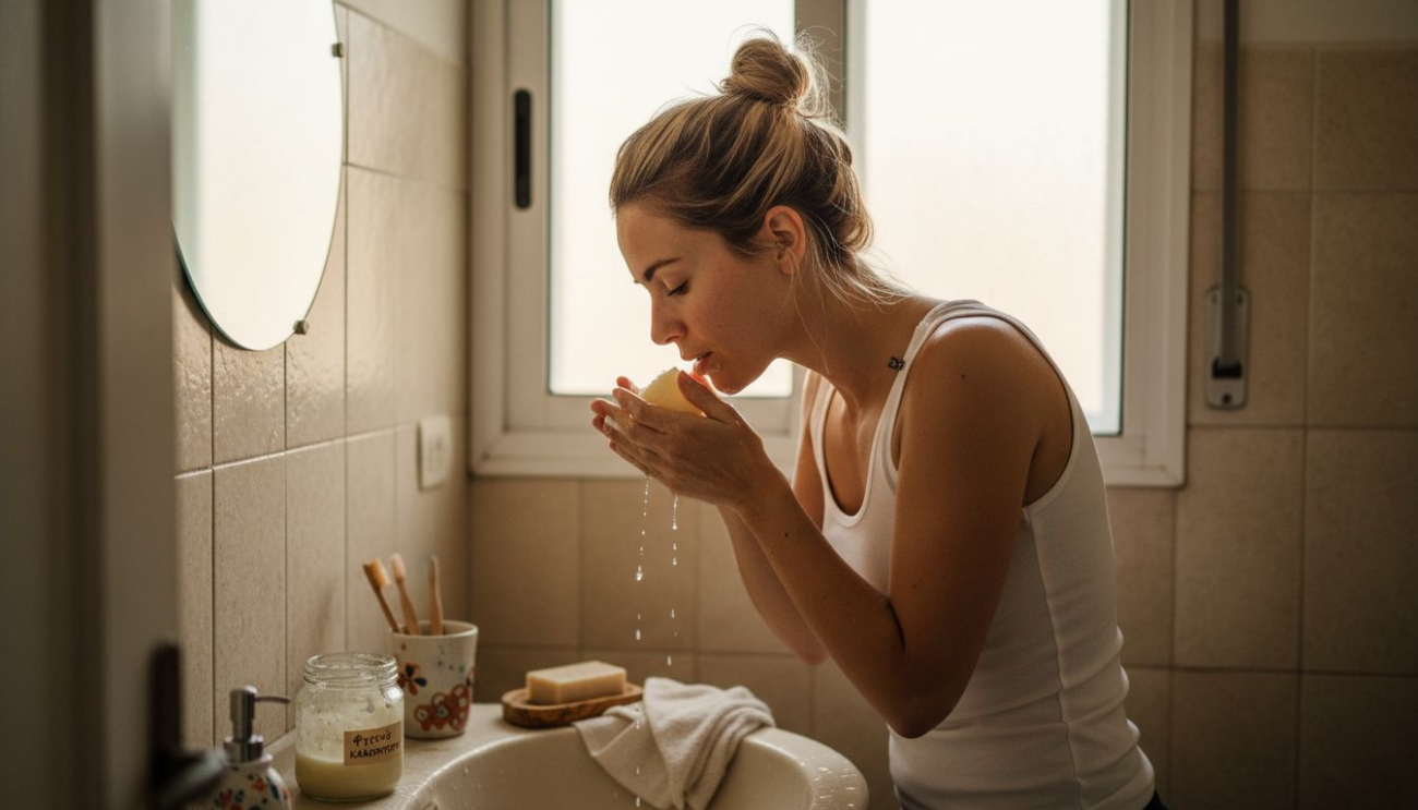 Γυναίκα ακολουθεί μια ρουτίνα περιποίησης προσώπου με μηδενικά απορρίμματα, επιλέγοντας φυσικά και φιλικά προς το περιβάλλον προϊόντα.