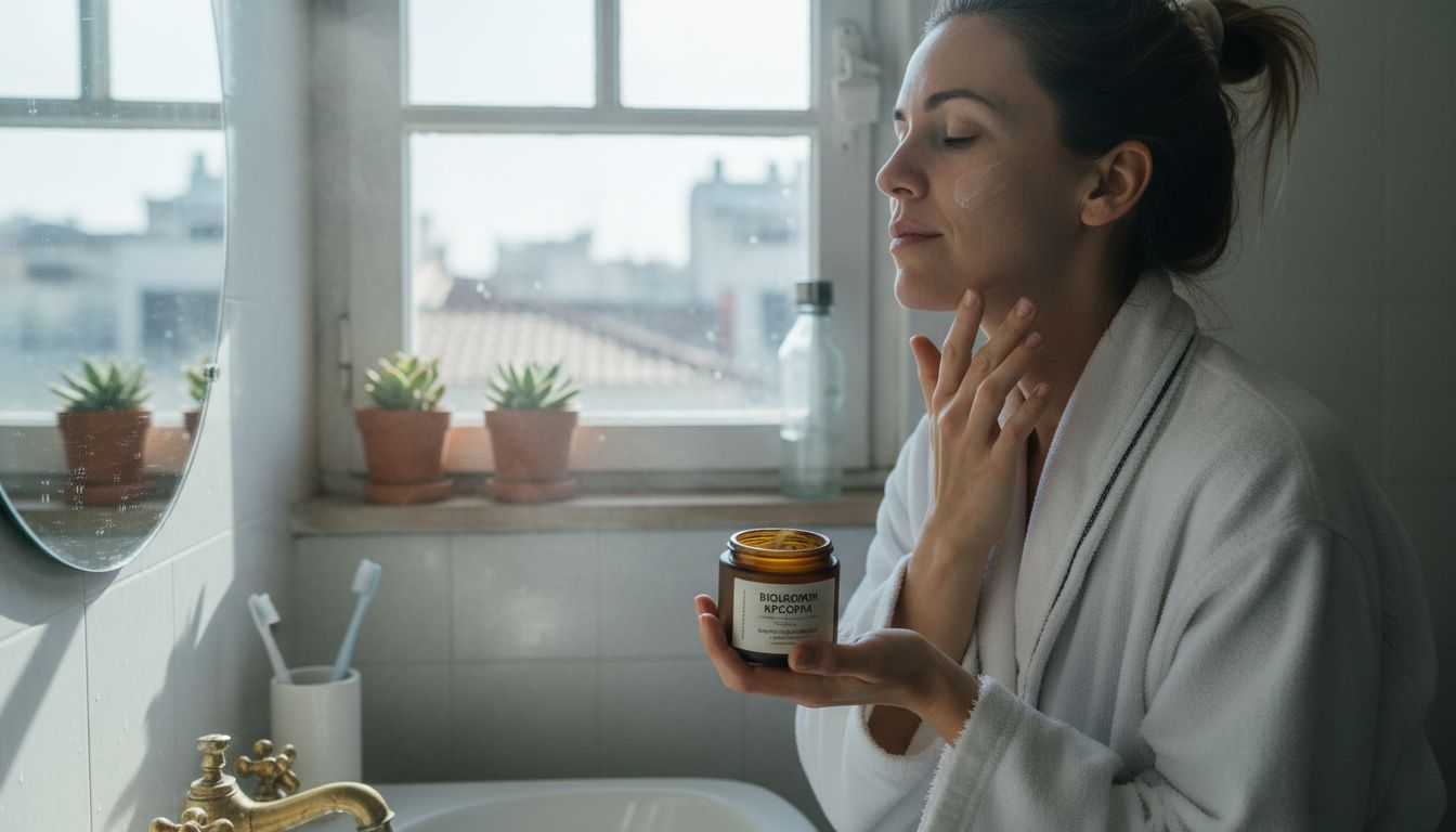 Μια γυναίκα απλώνει βιολογική κρέμα στο μπάνιο του σπιτιού της.