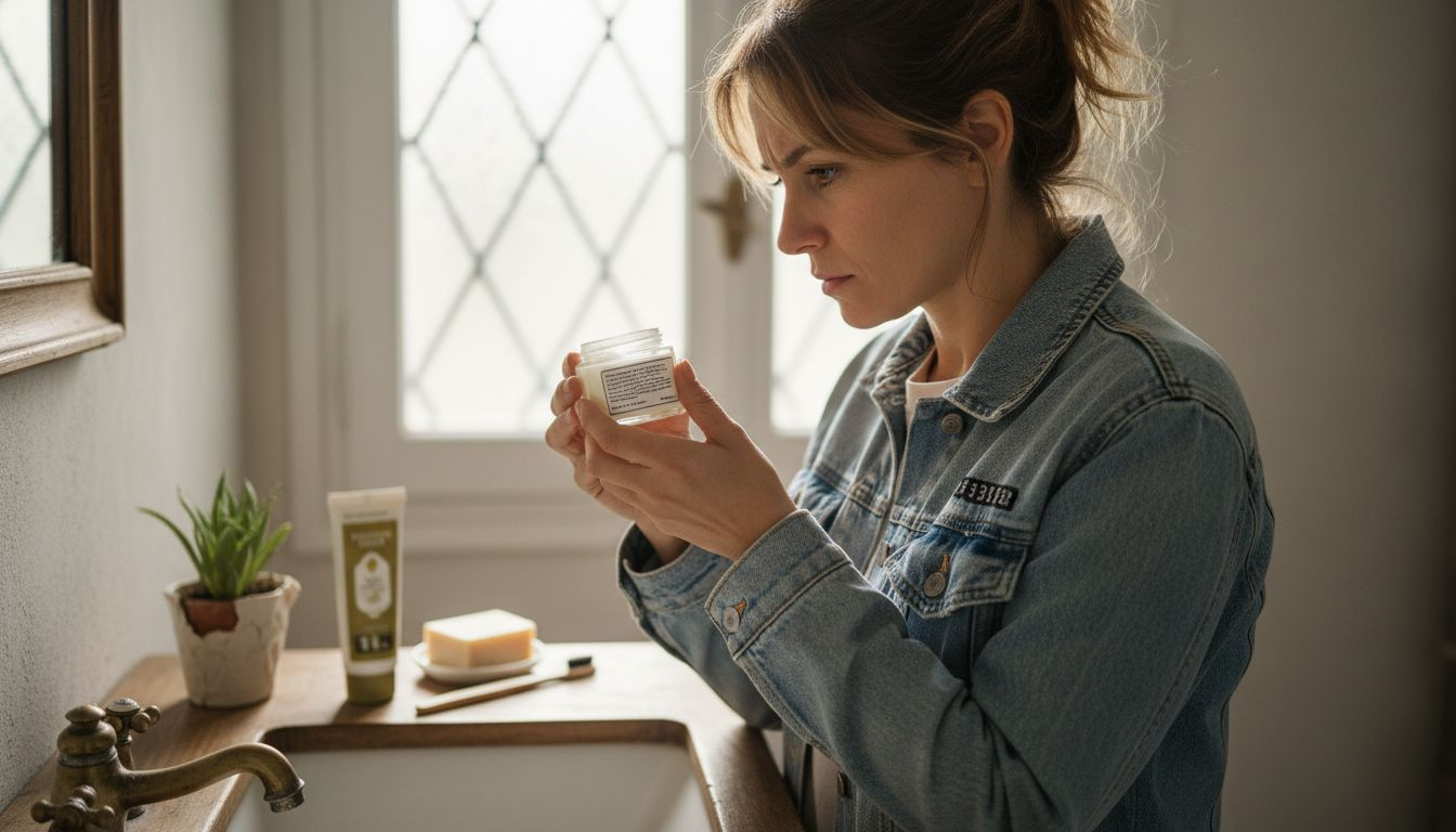 Μια γυναίκα διαβάζει προσεκτικά τα συστατικά σε ετικέτα καλλυντικού, θέλοντας να βεβαιωθεί για την ποιότητά του.