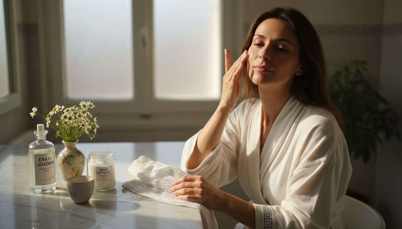 Μια γυναίκα περιποιείται το πρόσωπό της με φυσικά υλικά μπροστά στον καθρέφτη της.