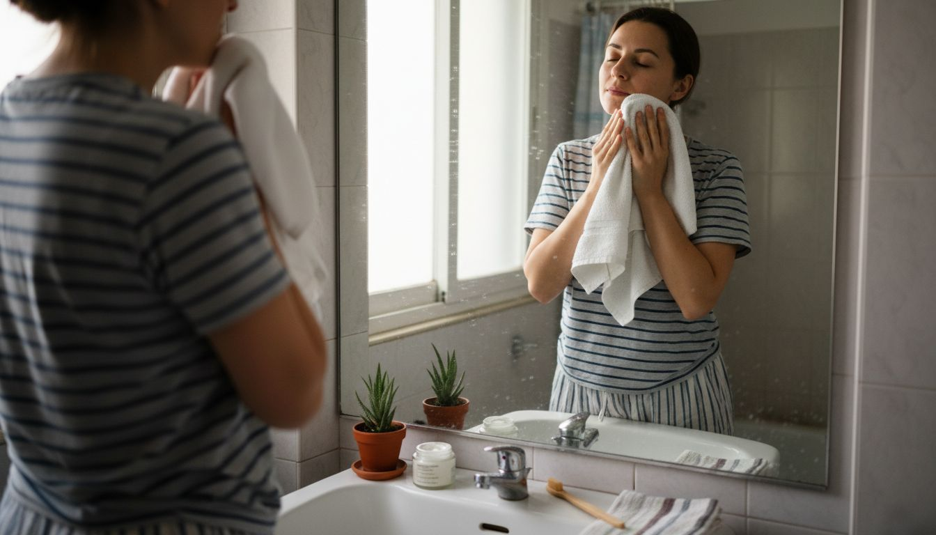 Μια γυναίκα σκουπίζει απαλά το πρόσωπό της μετά τον πρωινό καθαρισμό, ολοκληρώνοντας τη ρουτίνα περιποίησής της.