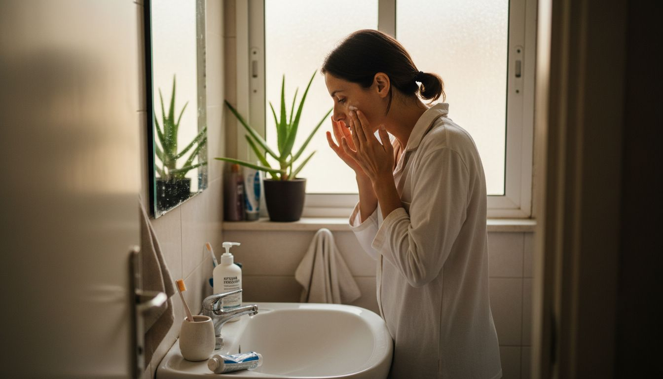 Μια γυναίκα περιποιείται το δέρμα της καθημερινά στο μπάνιο της, ακολουθώντας τη ρουτίνα ομορφιάς της.