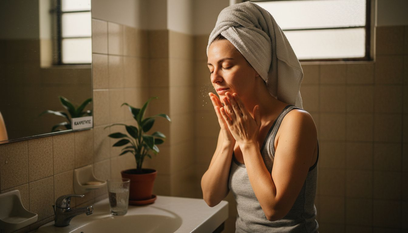 Μια γυναίκα απλώνει ενυδατική κρέμα στο πρόσωπό της μπροστά στον νιπτήρα του μπάνιου.