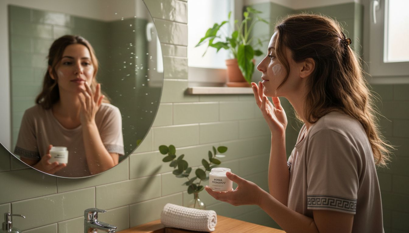 Μια γυναίκα φροντίζει το δέρμα της κάθε πρωί, εφαρμόζοντας τη βιολογική της κρέμα στο πρόσωπο ως μέρος της καθημερινής της ρουτίνας ομορφιάς.