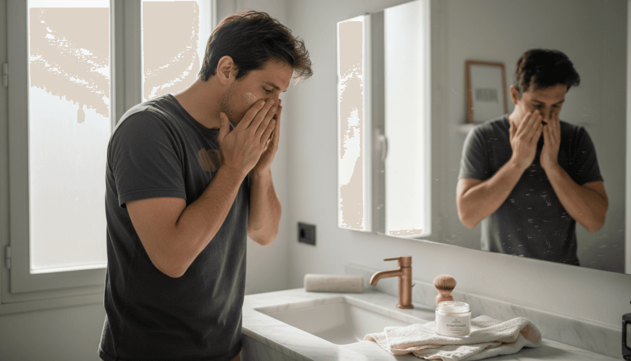 Ένας άνδρας απλώνει φυσική ενυδατική κρέμα στο μπάνιο του.