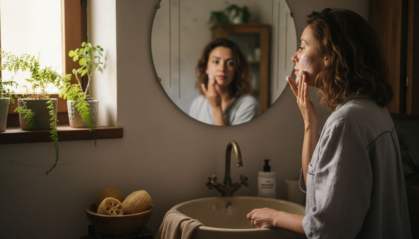 Μια γυναίκα φροντίζει το δέρμα της στο μπάνιο του σπιτιού της, εφαρμόζοντας ένα φυσικό απολεπιστικό για να ανανεώσει την επιδερμίδα της.