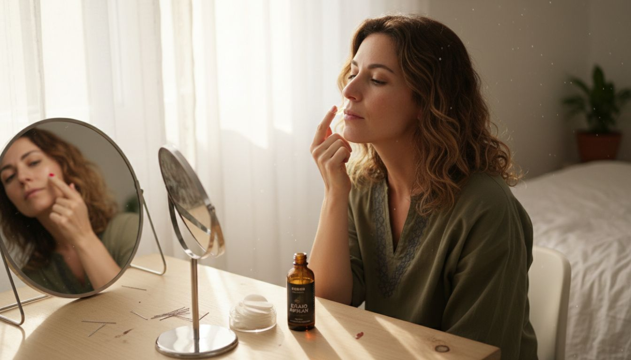 Μια γυναίκα περιποιείται το πρόσωπό της με λάδι στο υπνοδωμάτιό της.