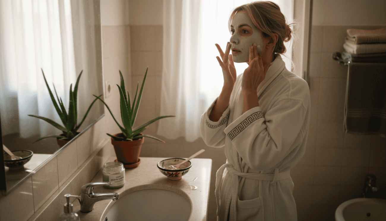Γυναίκα φροντίζει το πρόσωπό της με φυσικά προϊόντα το πρωί, στο σπίτι της.