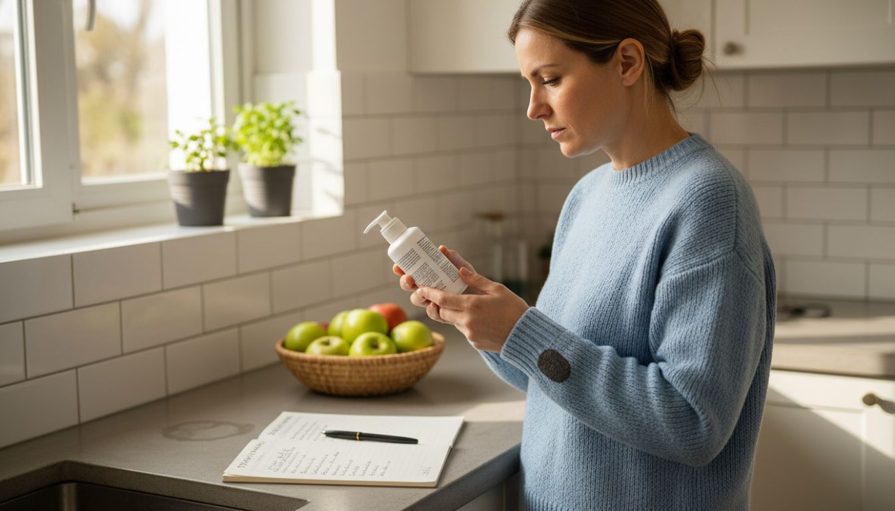 Μια γυναίκα διαβάζει προσεκτικά τα συστατικά στα καλλυντικά της, θέλοντας να βεβαιωθεί για το τι βάζει στο δέρμα της.