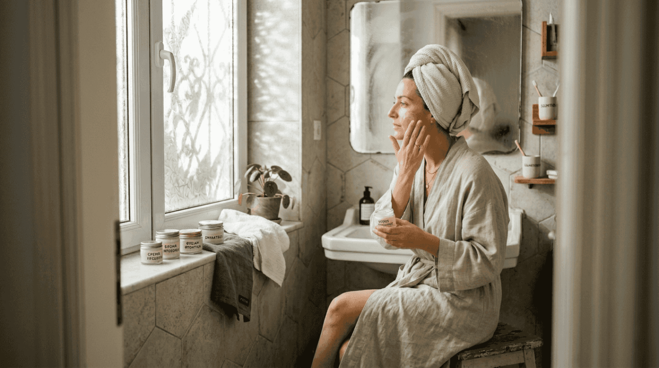 Γυναίκα που περιποιείται το δέρμα της με φυσικά προϊόντα στη πρωινή της ρουτίνα