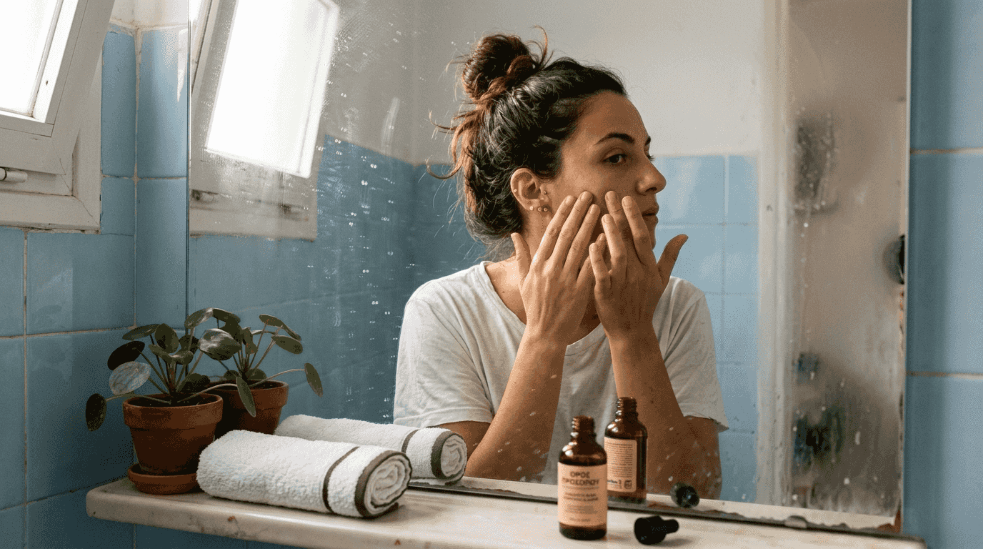 Μια γυναίκα φροντίζει το πρόσωπό της με φυσικά προϊόντα περιποίησης, μέσα σε ένα απλό και λιτό μπάνιο.