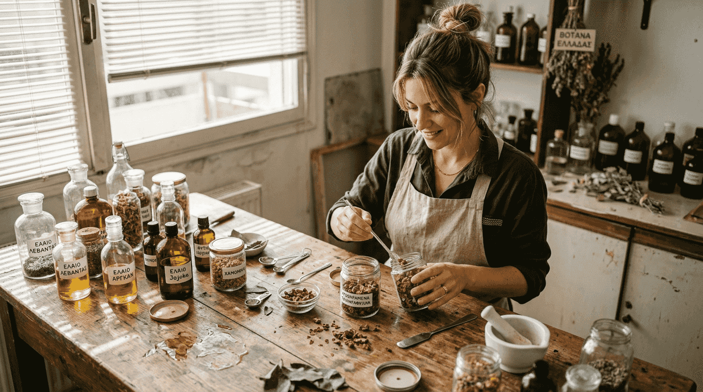 Εξειδικευμένος δημιουργός καλλυντικών επιλέγει και συνδυάζει φυσικά συστατικά για προϊόντα περιποίησης δέρματος.