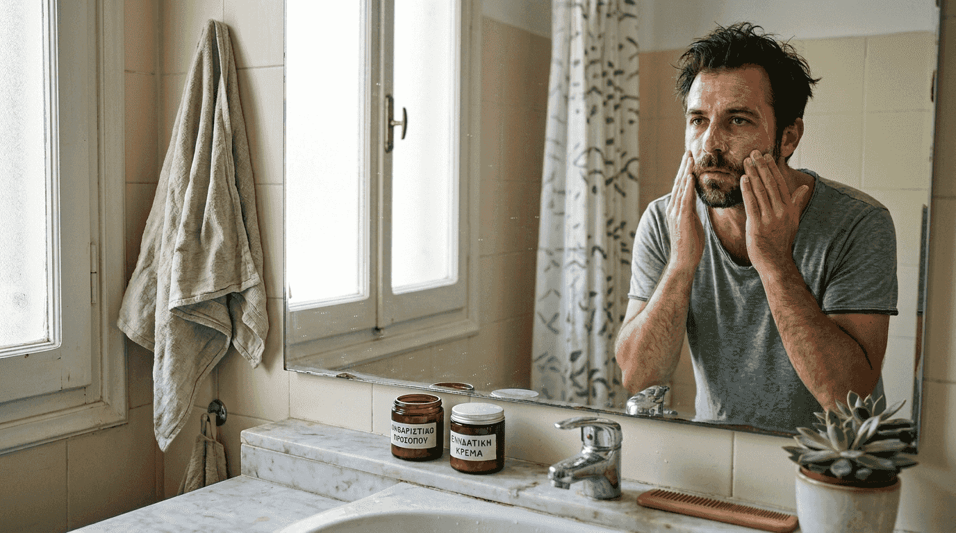Άνδρας φροντίζει το δέρμα του με φυσικά προϊόντα στο μπάνιο του σπιτιού του.