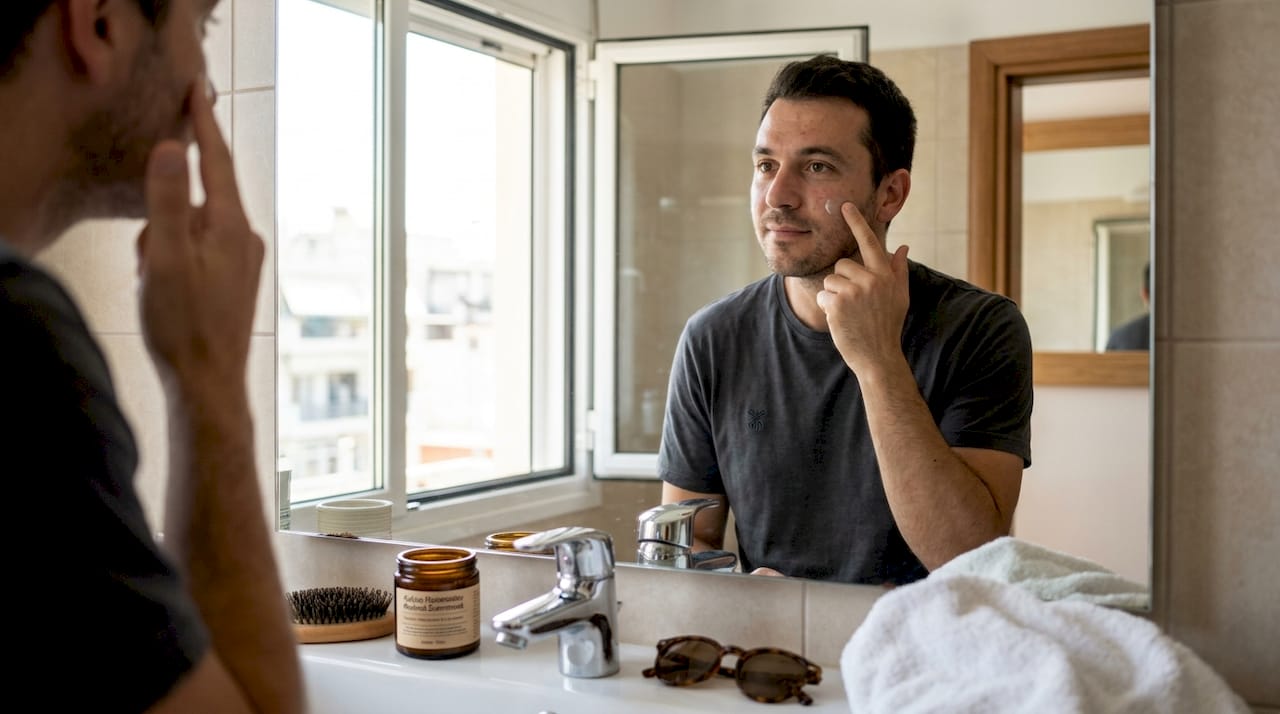 Ένας άνδρας φροντίζει την επιδερμίδα του μπροστά στον καθρέφτη του μπάνιου.