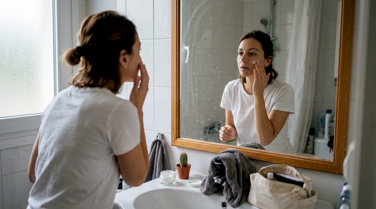 Μια γυναίκα περιποιείται το δέρμα της με φυσικά προϊόντα, απολαμβάνοντας τη διαδικασία στο μπάνιο του σπιτιού της.