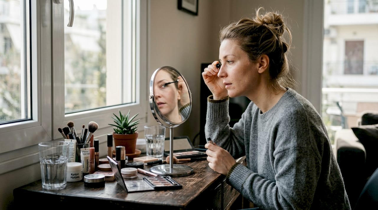 Μια γυναίκα κάθεται μπροστά στο παράθυρο και περιποιείται το μακιγιάζ της, εκμεταλλευόμενη το φυσικό φως που μπαίνει στο δωμάτιο.