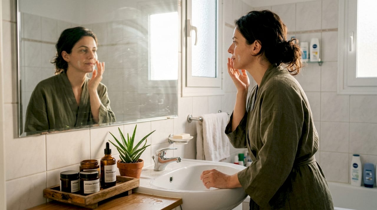 Μια γυναίκα φροντίζει το δέρμα της με φυσικά καλλυντικά, απολαμβάνοντας το φως του ήλιου στο μπάνιο της.