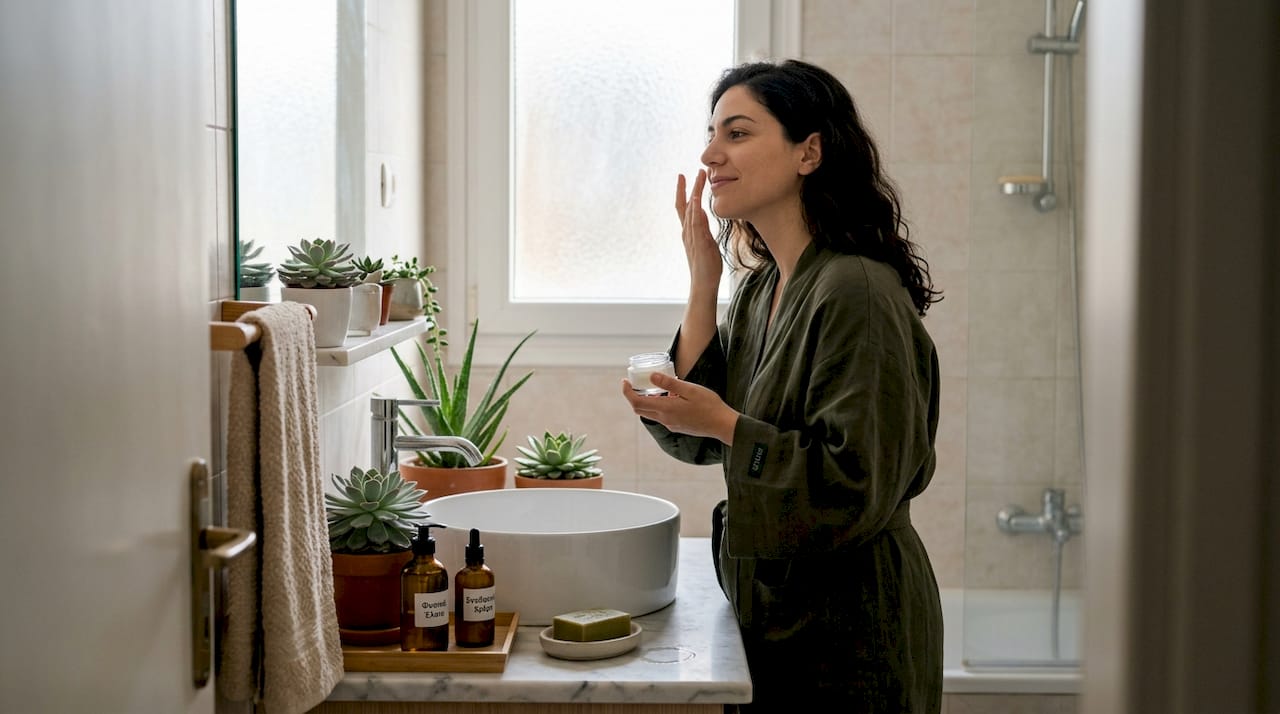 Μια γυναίκα φροντίζει το δέρμα της απλώνοντας βίγκαν ενυδατική κρέμα στο πρόσωπό της, μέσα σε ένα μπάνιο γεμάτο φως.