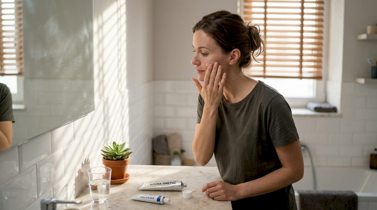 Μια γυναίκα φροντίζει το δέρμα της στο μπάνιο της, ακολουθώντας τη συνηθισμένη της ρουτίνα περιποίησης.