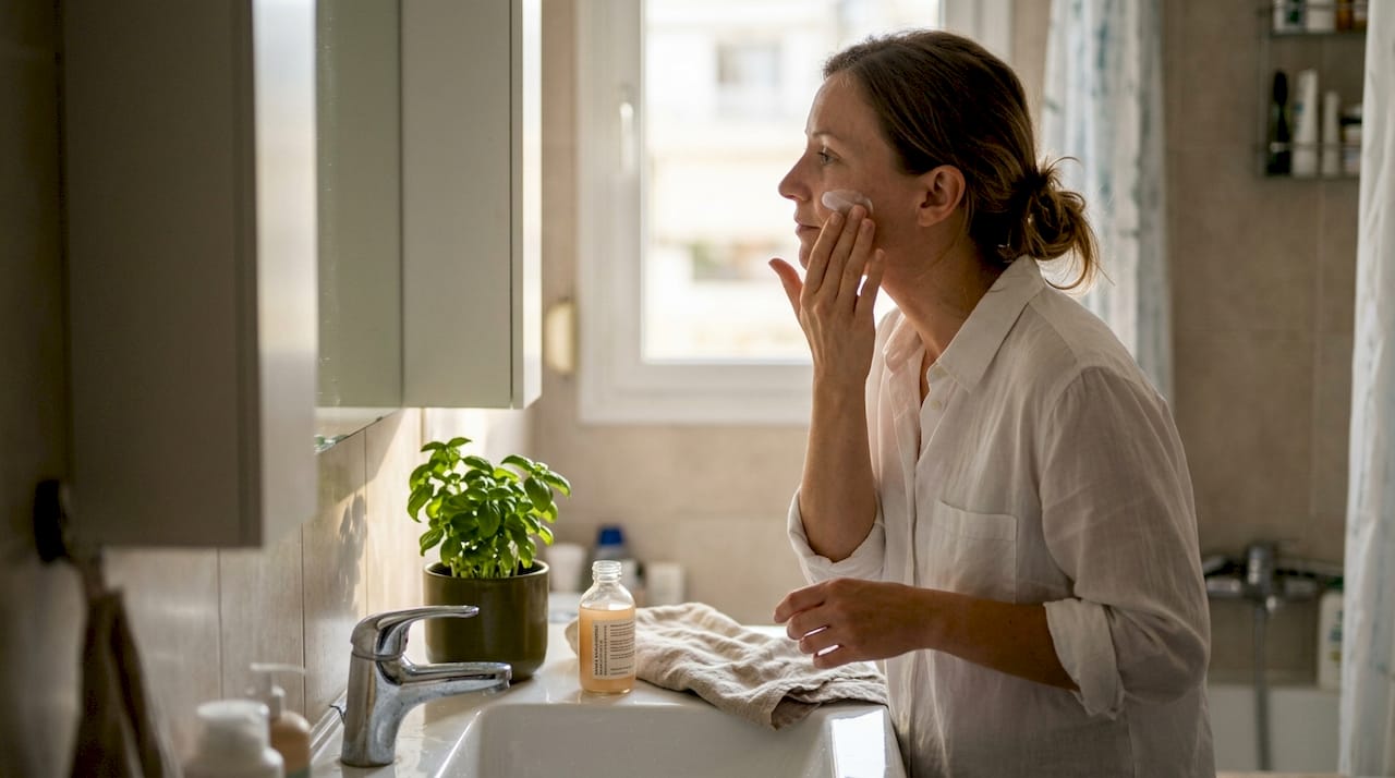 Μια γυναίκα περιποιείται το πρόσωπό της με ένα φυσικό προϊόν ομορφιάς στο μπάνιο της.