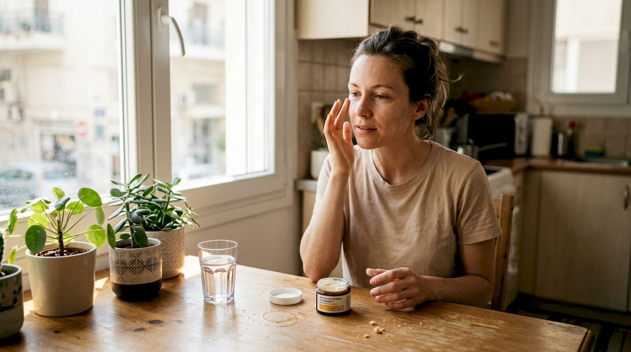 Μια γυναίκα απλώνει αντηλιακό στο πρόσωπό της, ενώ βρίσκεται στην κουζίνα που λούζεται από το φως του ήλιου.