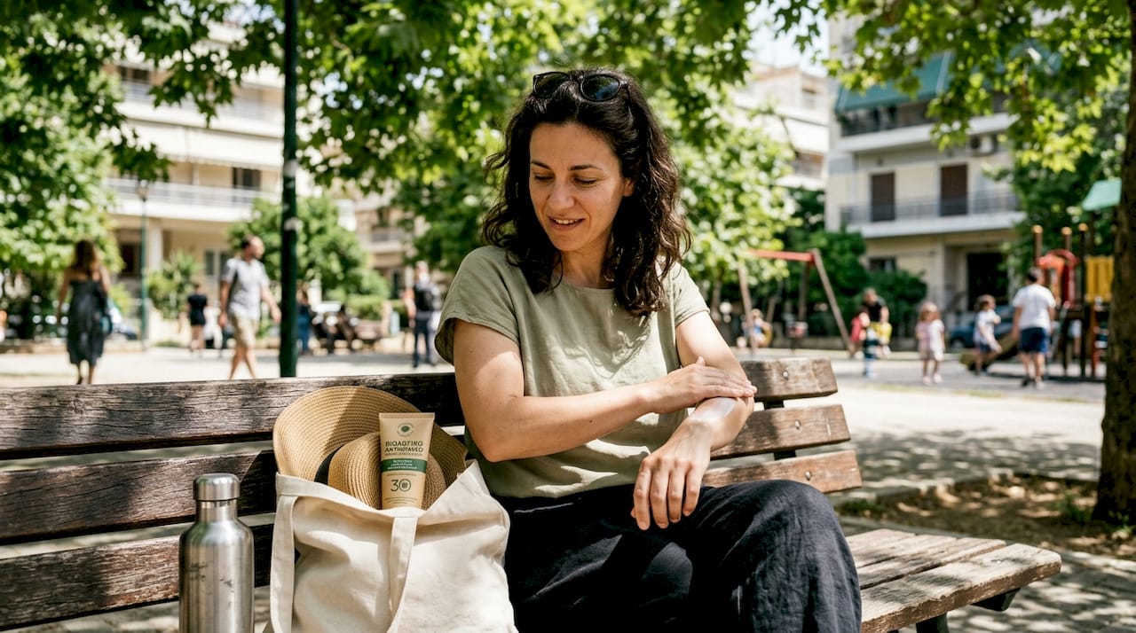 Μια γυναίκα απλώνει βιολογικό αντηλιακό όσο απολαμβάνει τη βόλτα της στο πάρκο.