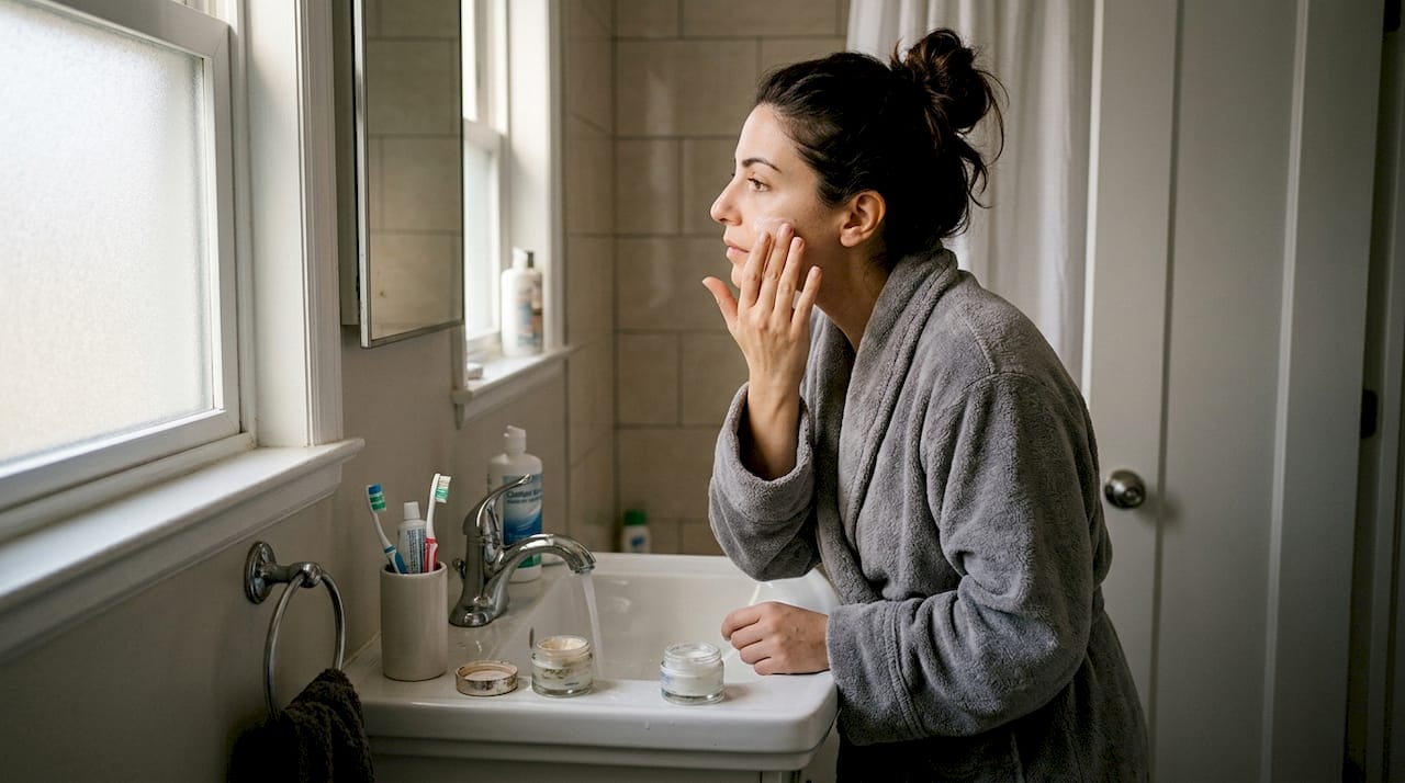 Μια γυναίκα απλώνει προβιοτική κρέμα στο πρόσωπό της μπροστά στον νιπτήρα του μπάνιου.