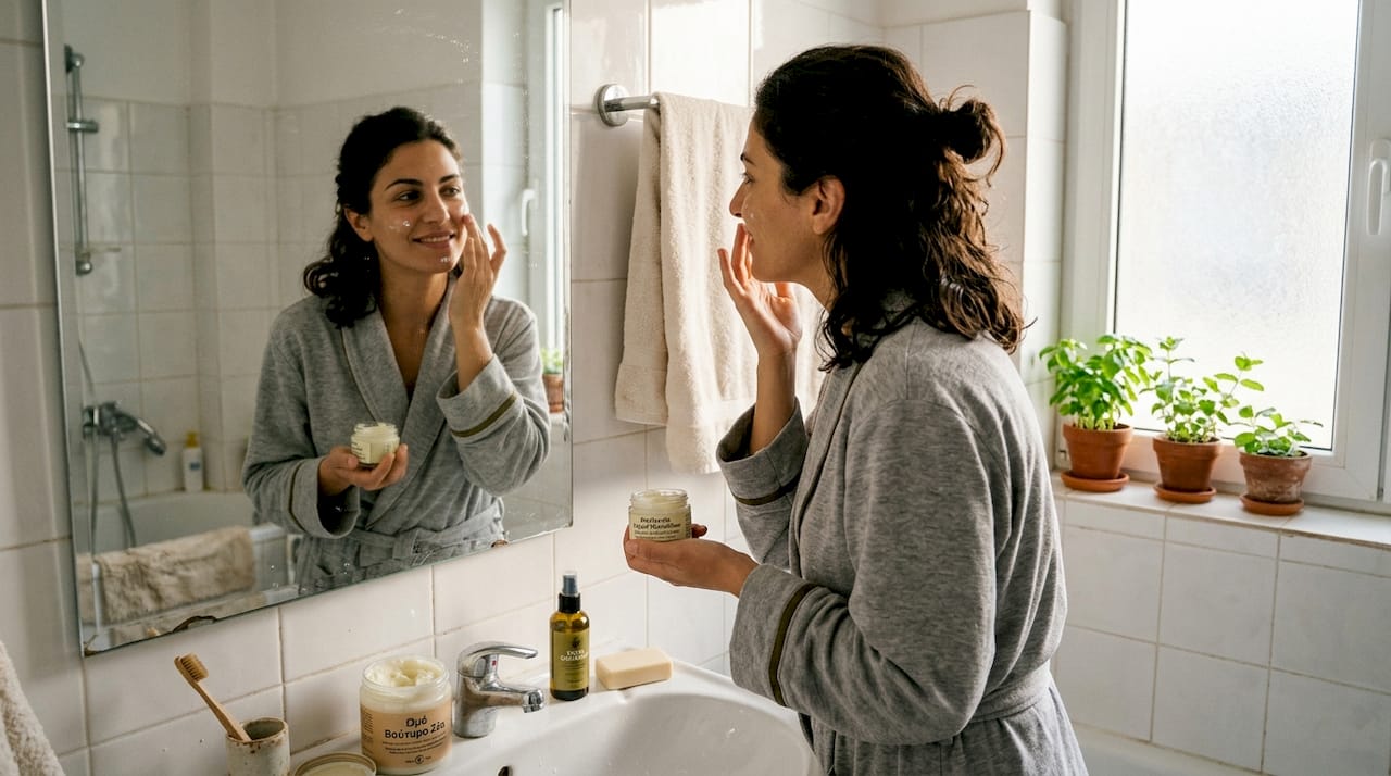 Απλώνω βιολογική κρέμα στο δέρμα μου, απολαμβάνοντας τη φυσική ατμόσφαιρα του μπάνιου.