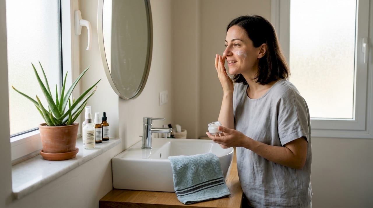 Μια γυναίκα απλώνει την ενυδατική της το πρωί, μπροστά στον καθρέφτη του μπάνιου.