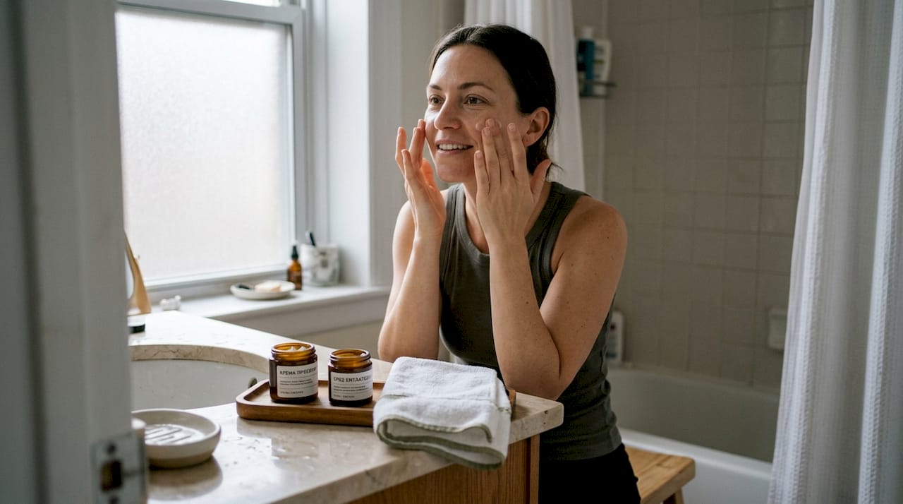 Μια γυναίκα απλώνει ενυδατική κρέμα ειδικά για ευαίσθητο δέρμα στο πρόσωπό της.