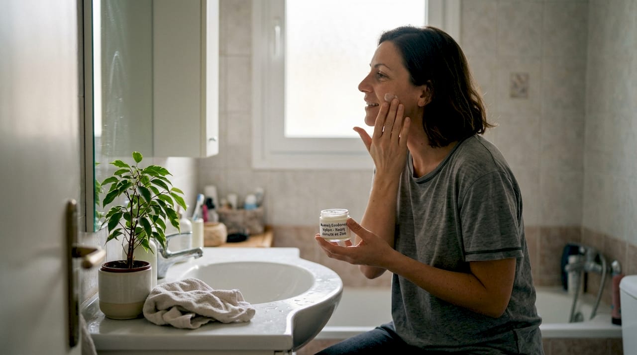 Μια γυναίκα περιποιείται το δέρμα της στο σπίτι με μια φυσική κρέμα.