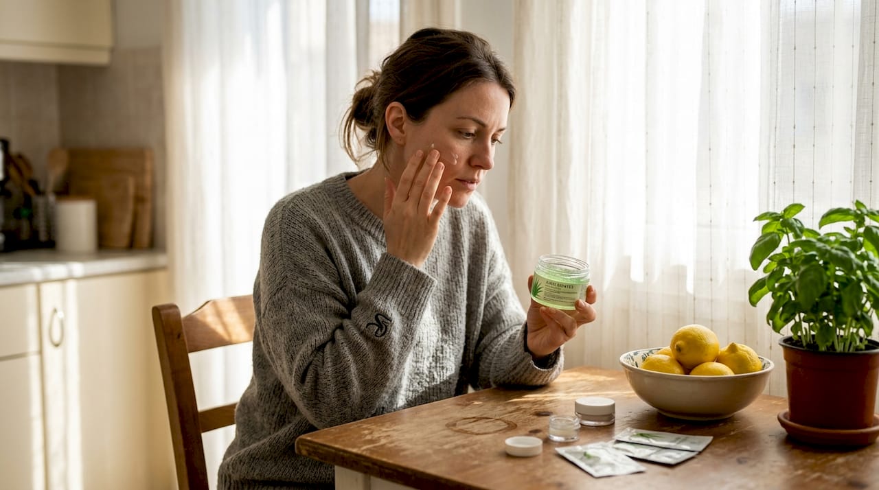 Μια γυναίκα περιποιείται το δέρμα της με φυσικά καλλυντικά, καθισμένη στο τραπέζι της κουζίνας.