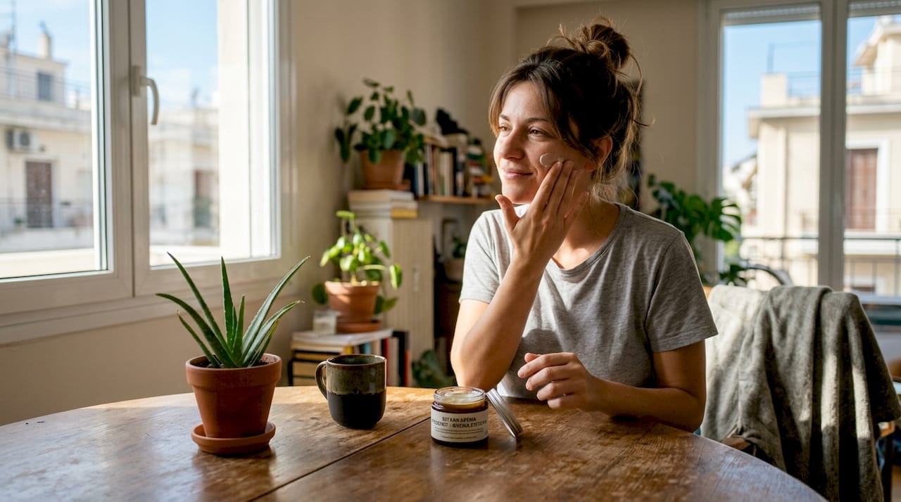 Μια γυναίκα φροντίζει το δέρμα της στο σπίτι με φυτικά, vegan καλλυντικά.