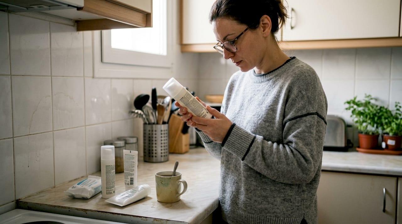 Μια γυναίκα στέκεται στον πάγκο της κουζίνας και διαβάζει προσεκτικά την ετικέτα ενός καλλυντικού προϊόντος.
