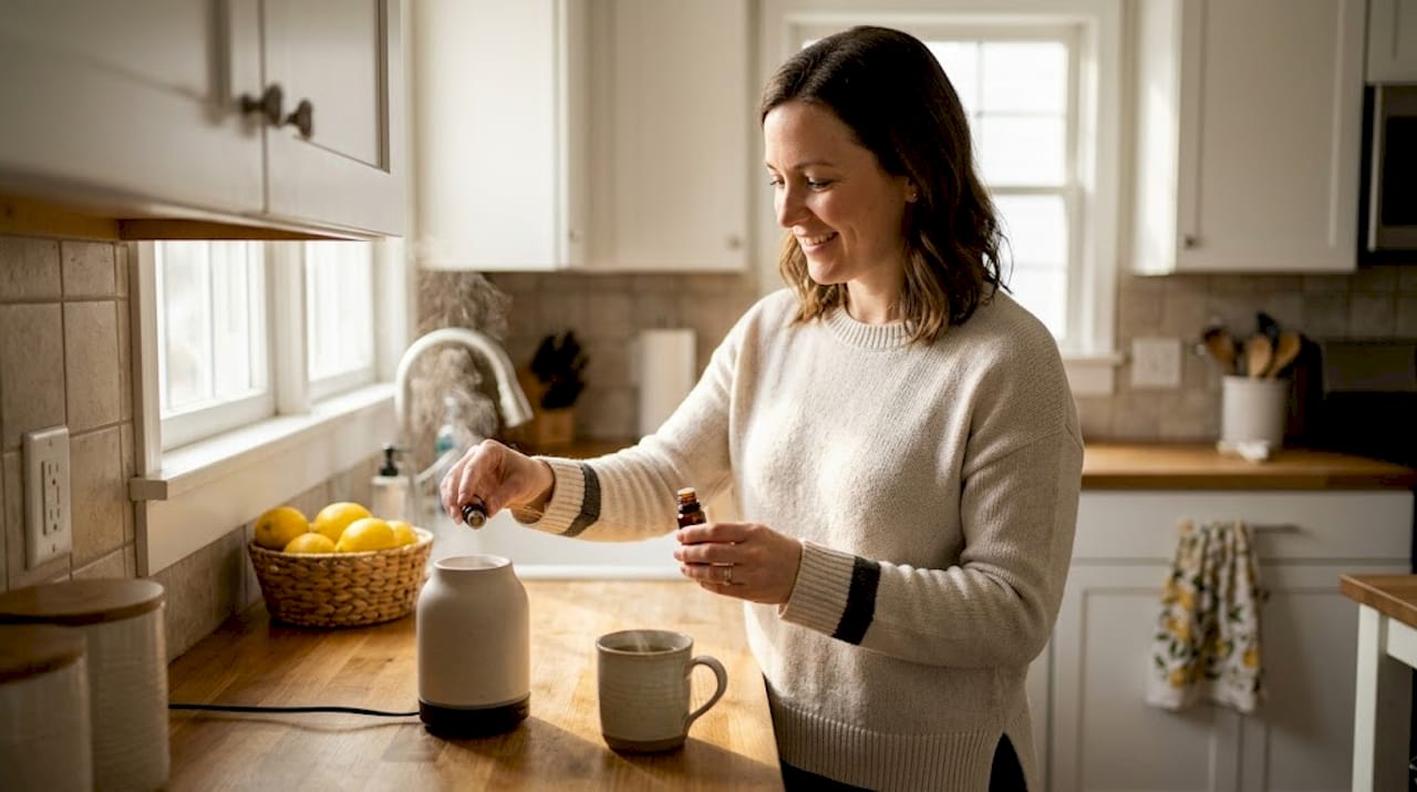 Μια γυναίκα προσθέτει αιθέριο έλαιο στην κουζίνα της, λουσμένη στο φως του ήλιου.