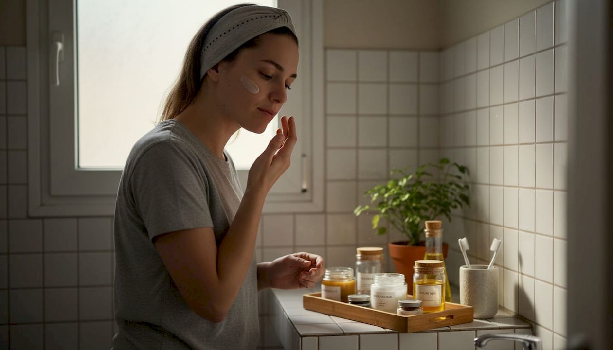 Μια γυναίκα φροντίζει το δέρμα της, απλώνοντας φυσική κρέμα στο μπάνιο του σπιτιού της.