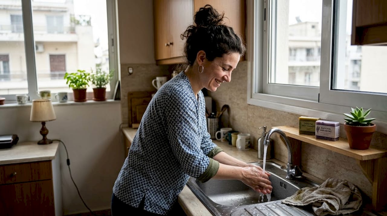 Μια γυναίκα πλένει προσεκτικά τα χέρια της με φυσικό σαπούνι, φροντίζοντας για την υγιεινή της.