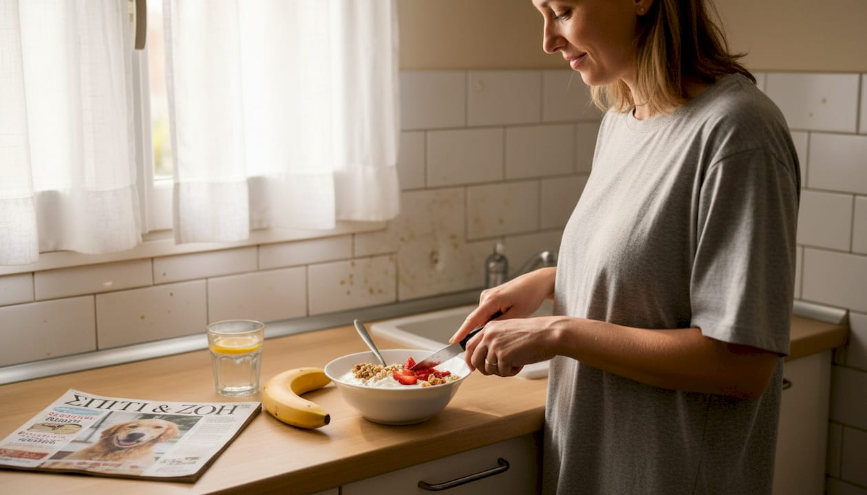 Μια γυναίκα ετοιμάζει ένα υγιεινό πρωινό με superfoods στην κουζίνα της, ξεκινώντας τη μέρα της με ενέργεια και φροντίδα.