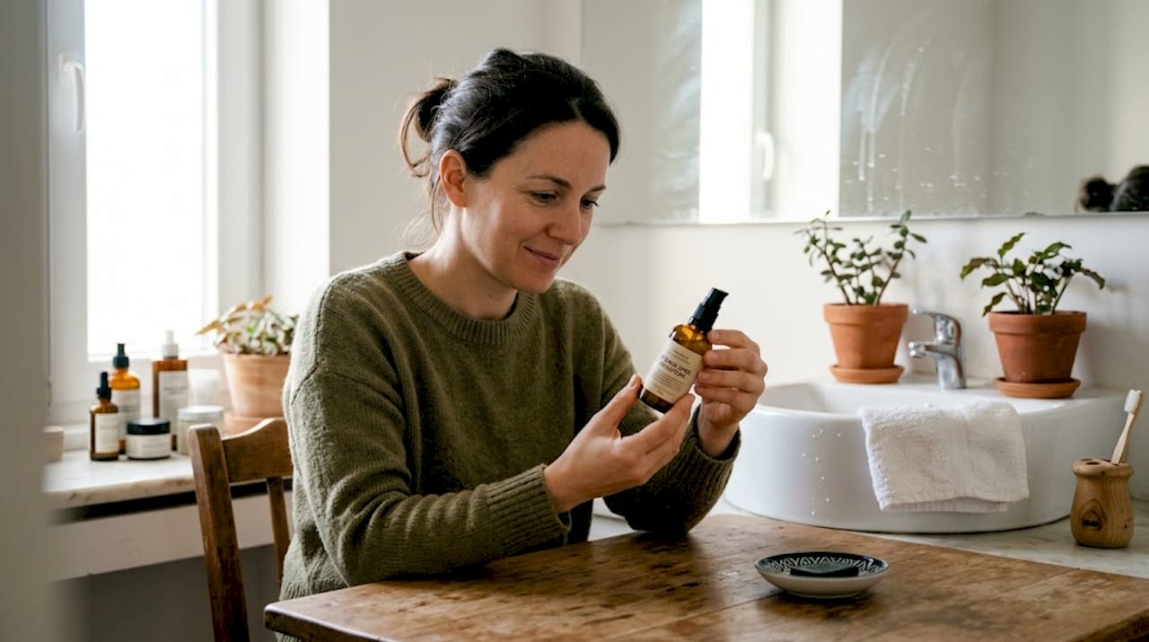 Μια γυναίκα δοκιμάζει ένα φυσικό καλλυντικό στο μπάνιο της, παρατηρώντας το με προσοχή.