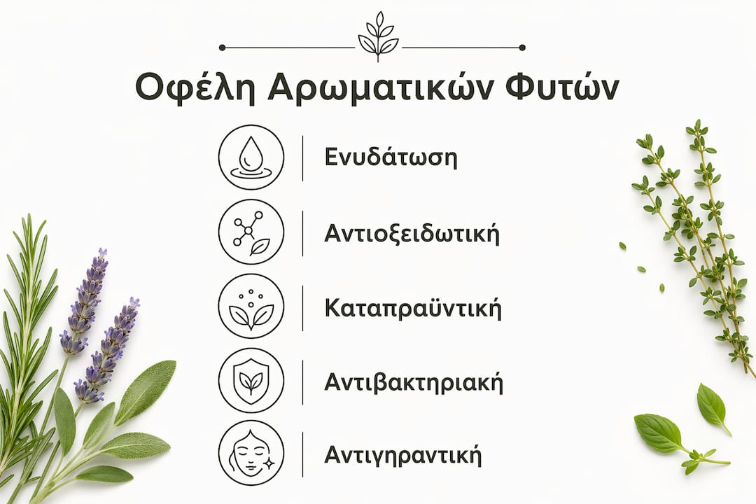 Εικονογραφημένη παρουσίαση με τα βασικά οφέλη που προσφέρουν τα αρωματικά φυτά στα καλλυντικά προϊόντα