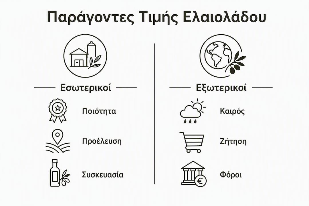 Γραφικό που παρουσιάζει με σύγκριση τους εσωτερικούς και εξωτερικούς παράγοντες που διαμορφώνουν την τιμή του ελαιολάδου