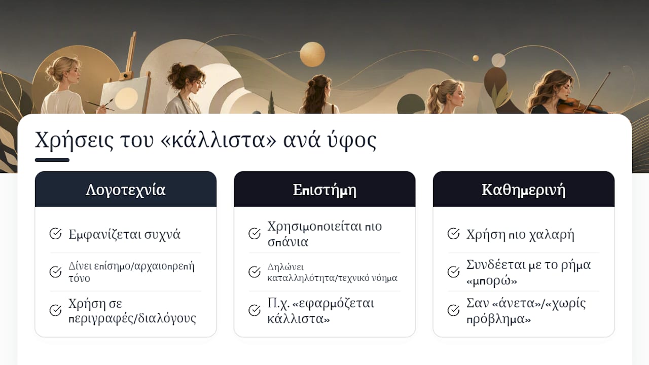 Πού συναντάμε το «κάλλιστα»: λογοτεχνία, επιστήμη, καθημερινή ομιλία — overview diagram